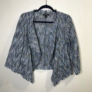 Roz & Ali Dressbarn Blue Blazer Jacket MEDIUM M Tweed Knit Fringe Open Front